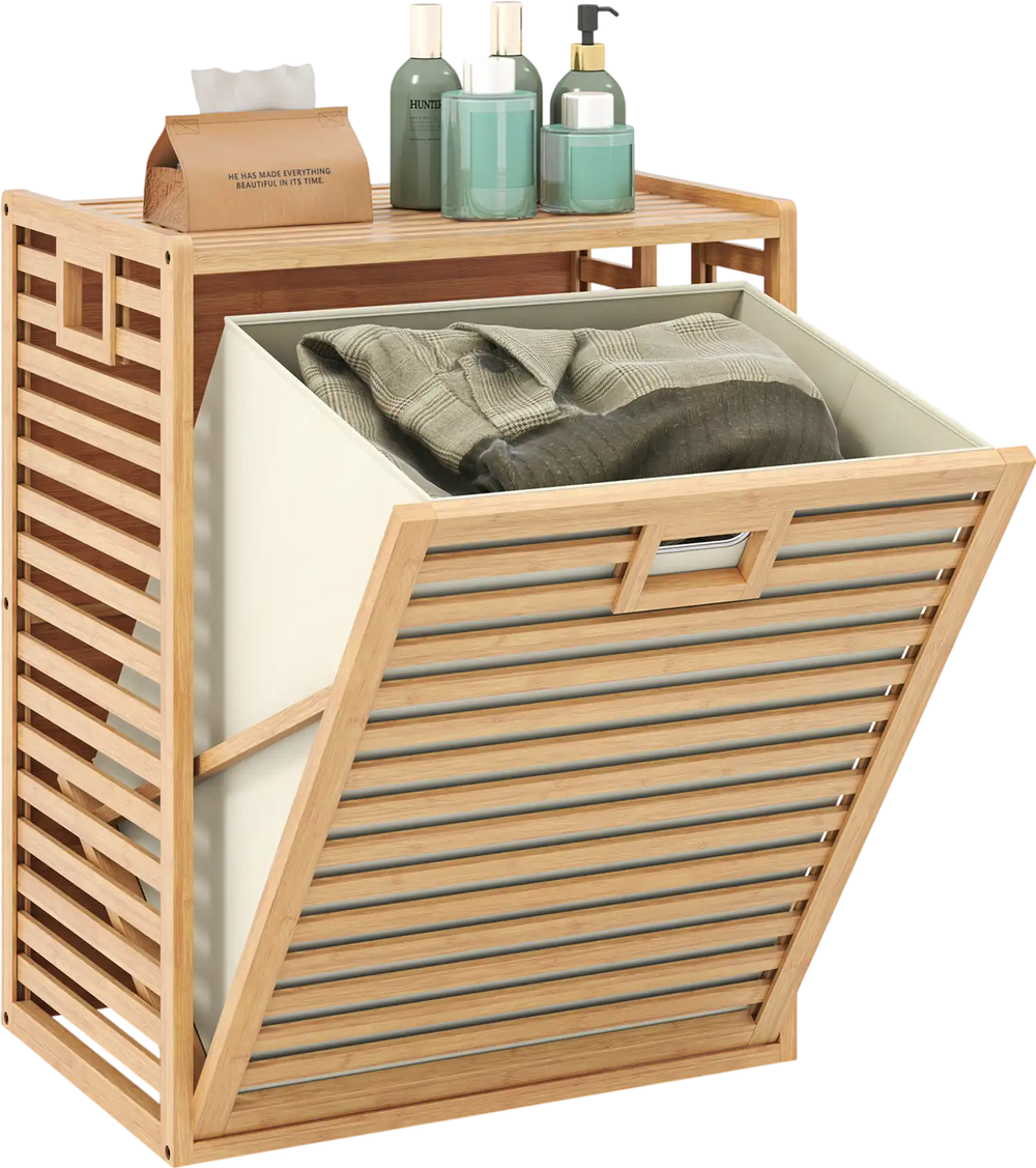 Tilt-out laundry hamper in natural bamboo with removable bin, featuring slatted design and aligned front handles for.