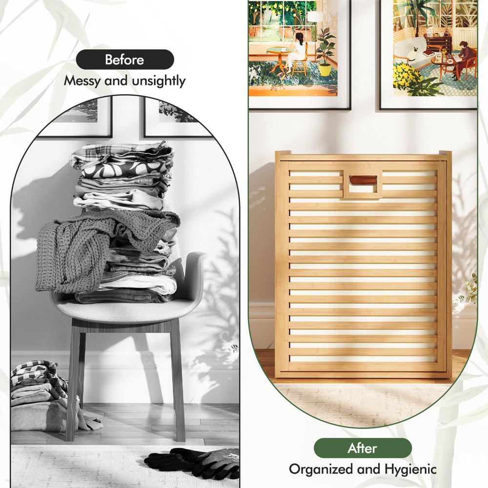 Bamboo tilt-out laundry hamper with removable fabric bin, 18 Gal capacity, ideal for organized bathroom or laundry use.