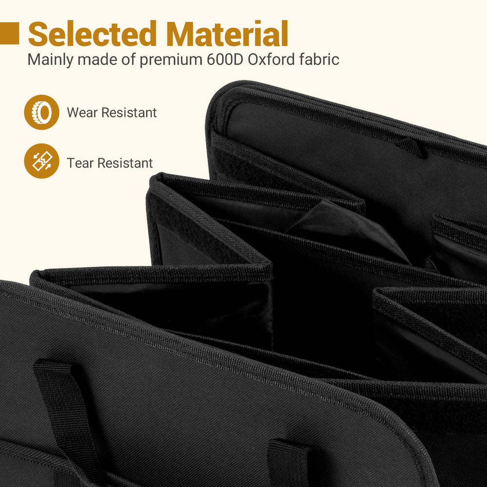 Close-up of the 18 Gal car trunk organizer made of 600D Oxford fabric, featuring three compartments for versatile.