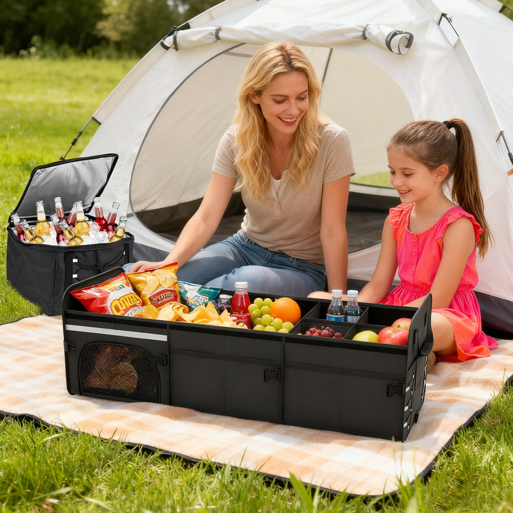 Portable 18 Gal car trunk organizer in black with insulated cooler, perfect for outdoor picnics and food storage.