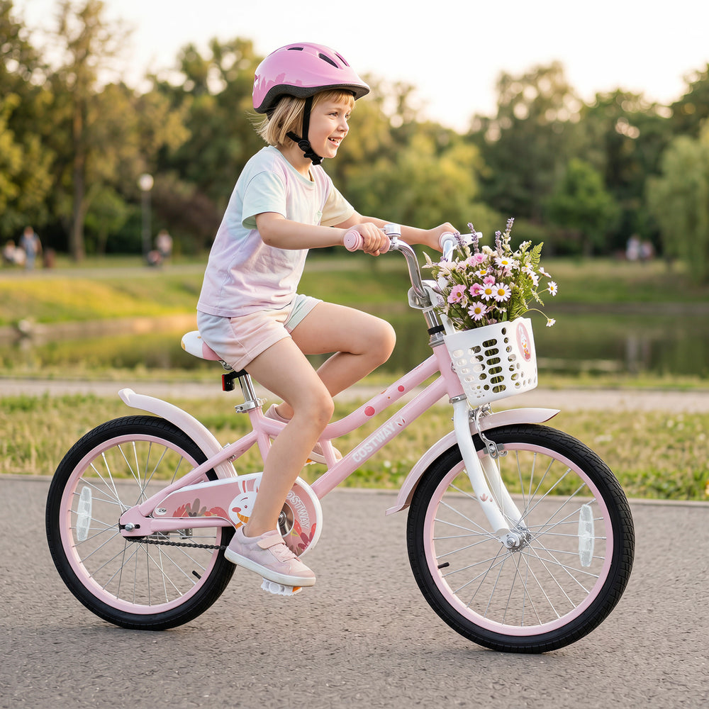 18 Inch Adjustable Seat Kids Bike with Front Basket Handlebar and Training Wheels-Pink - Gallery View 1 of 10