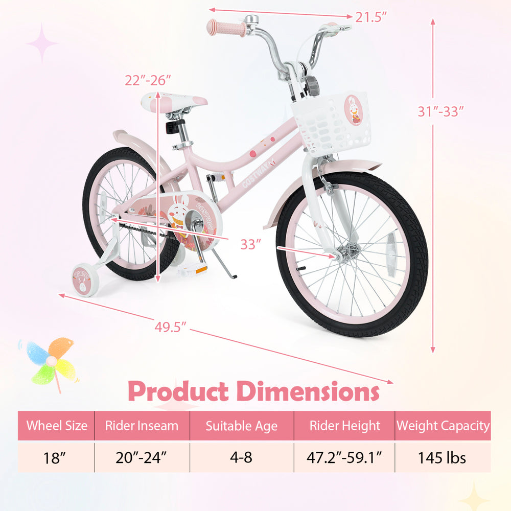 Kids bike with adjustable seat, front basket, and training wheels in pink, suitable for ages 4-8 for safe riding.