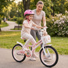 Kids bike with adjustable seat, front basket, training wheels, and safety features, perfect for young riders in pink.