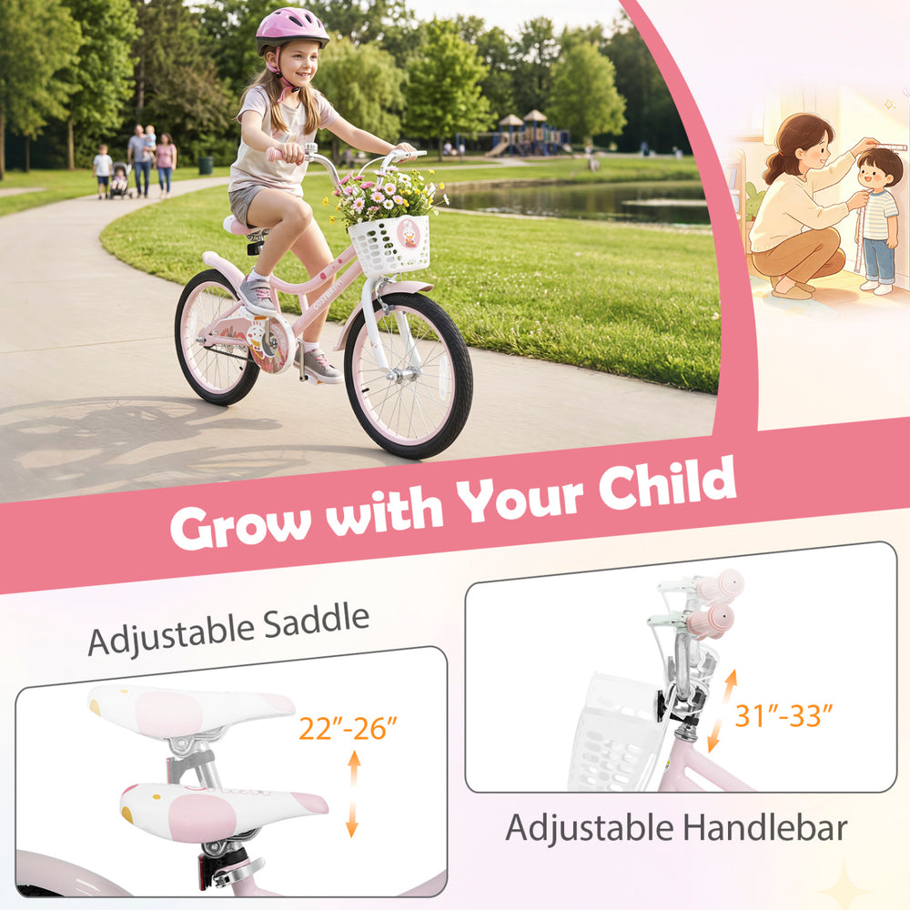Adjustable 18-inch pink kids bike with front basket, training wheels, and double brake system for safety and comfort.