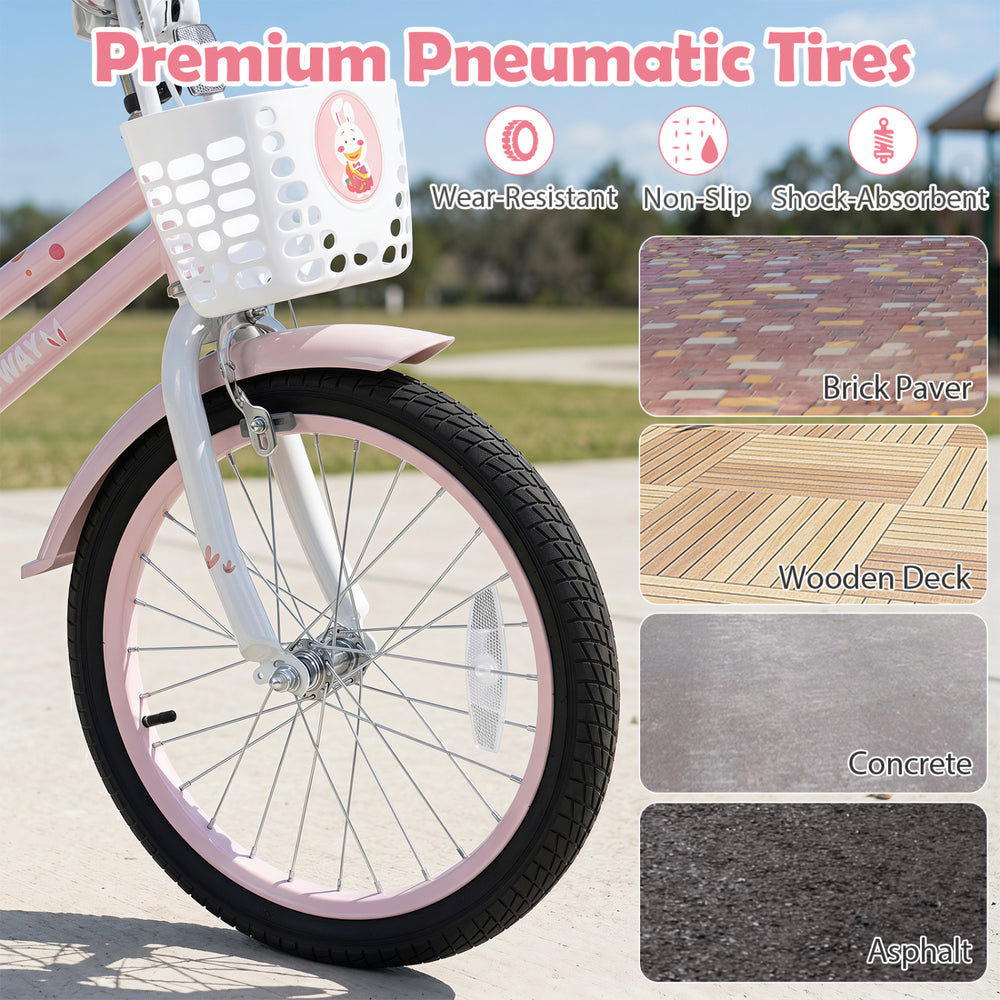 Front view of the 18-inch pink kids bike featuring premium pneumatic tires, adjustable seat, and a front basket for toys.
