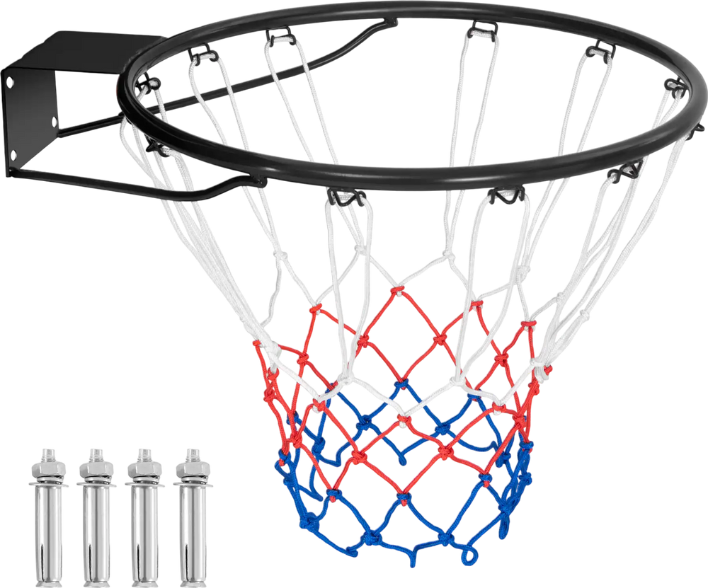18-inch basketball rim goal in black with all-weather net and mounting hardware for indoor or outdoor play.