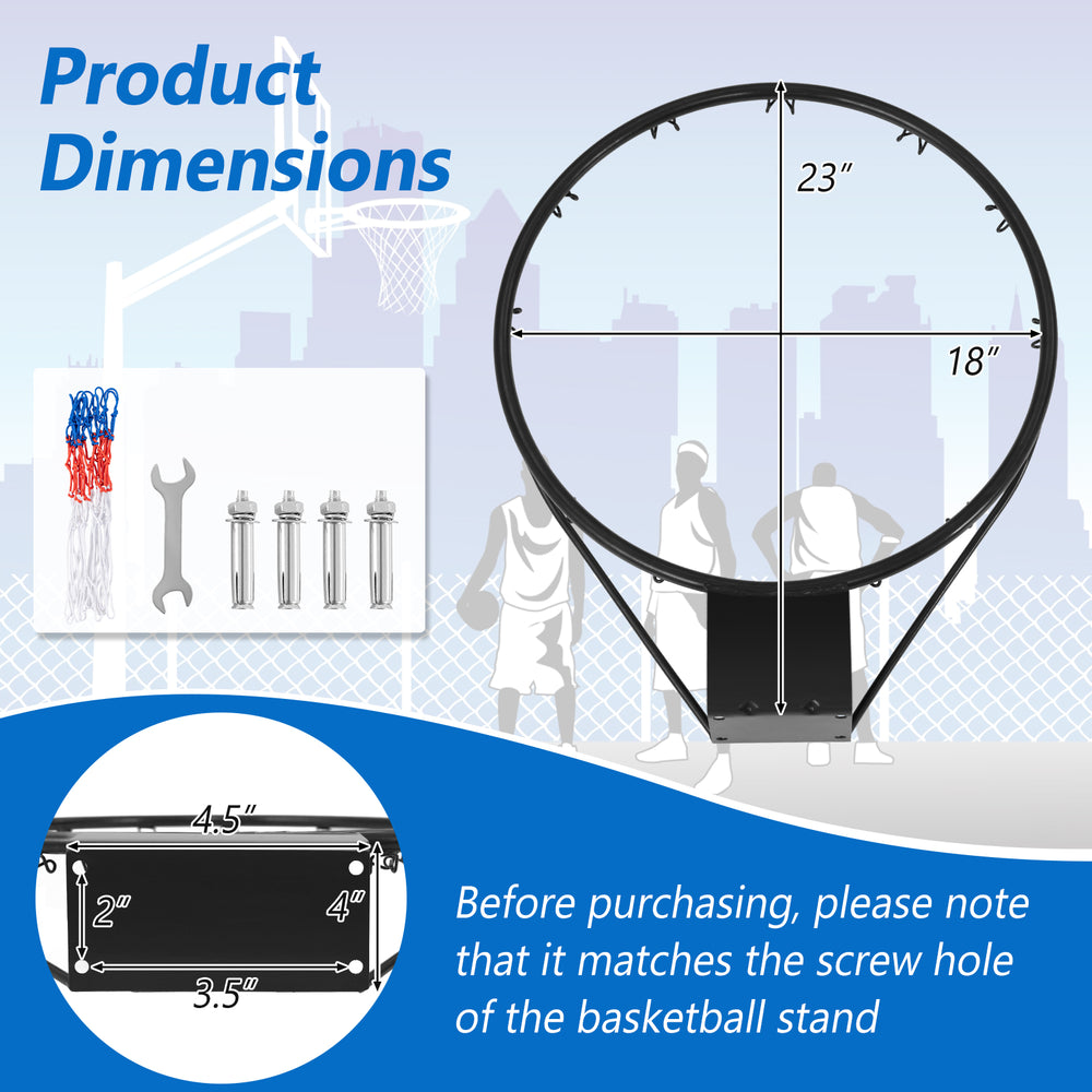 18-inch basketball rim with mounting hardware, featuring durable all-weather net for indoor or outdoor play.