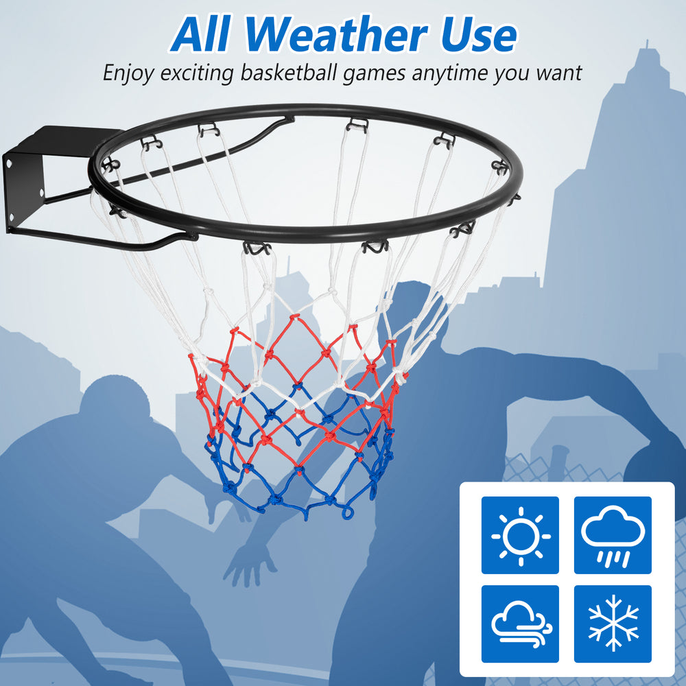 18-inch basketball rim with all-weather net and mounting hardware, ideal for indoor and outdoor play.
