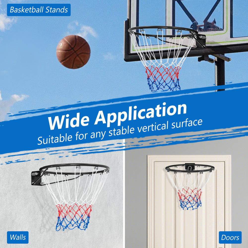 18-inch basketball rim with all-weather net, suitable for mounting on walls or doors for versatile play.