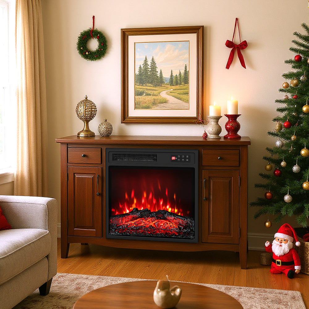 18-inch electric fireplace insert with realistic flames, remote control, and 750W/1500W heating options for cozy.