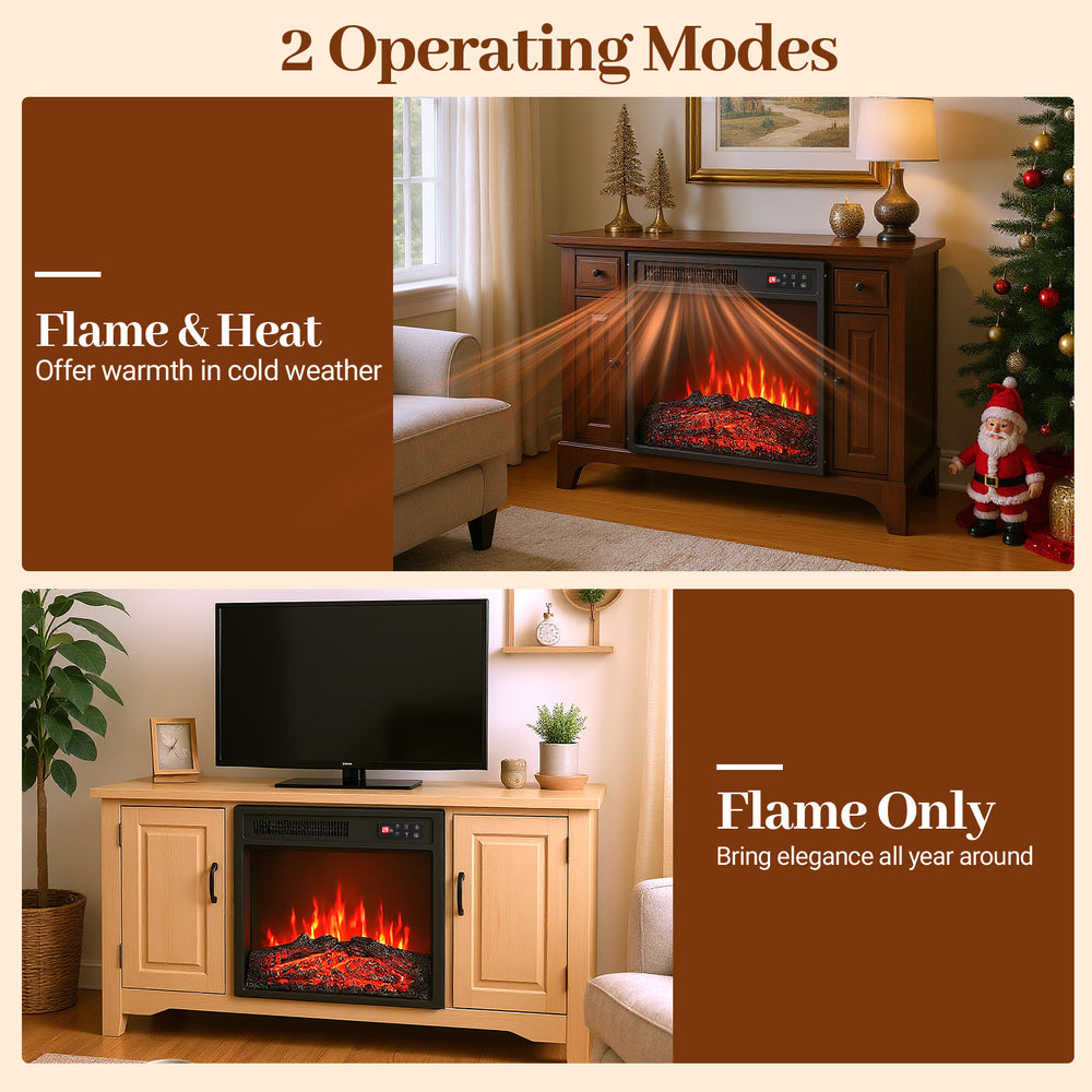 18-inch electric fireplace insert showcasing flame and heat mode, featuring 7 flame colors for customizable ambiance.