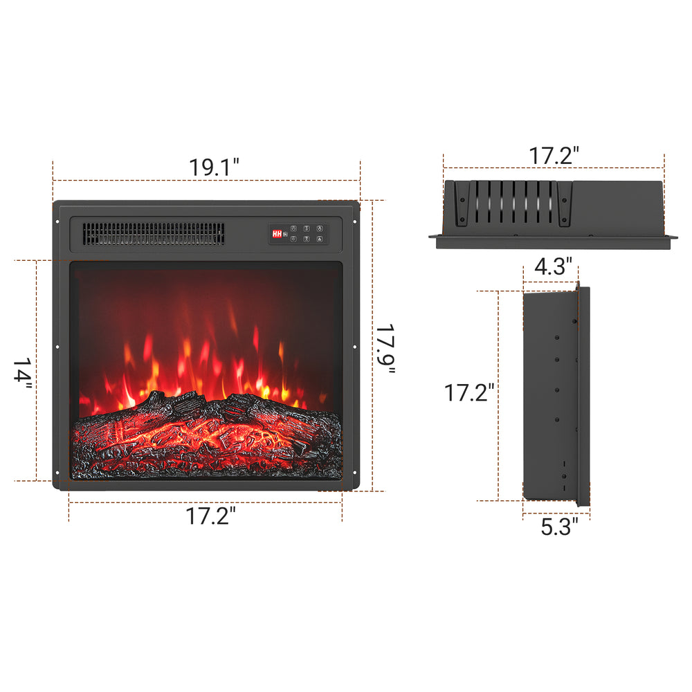 18-inch electric fireplace insert with remote control, featuring 7 flame colors and 750W/1500W heating options.