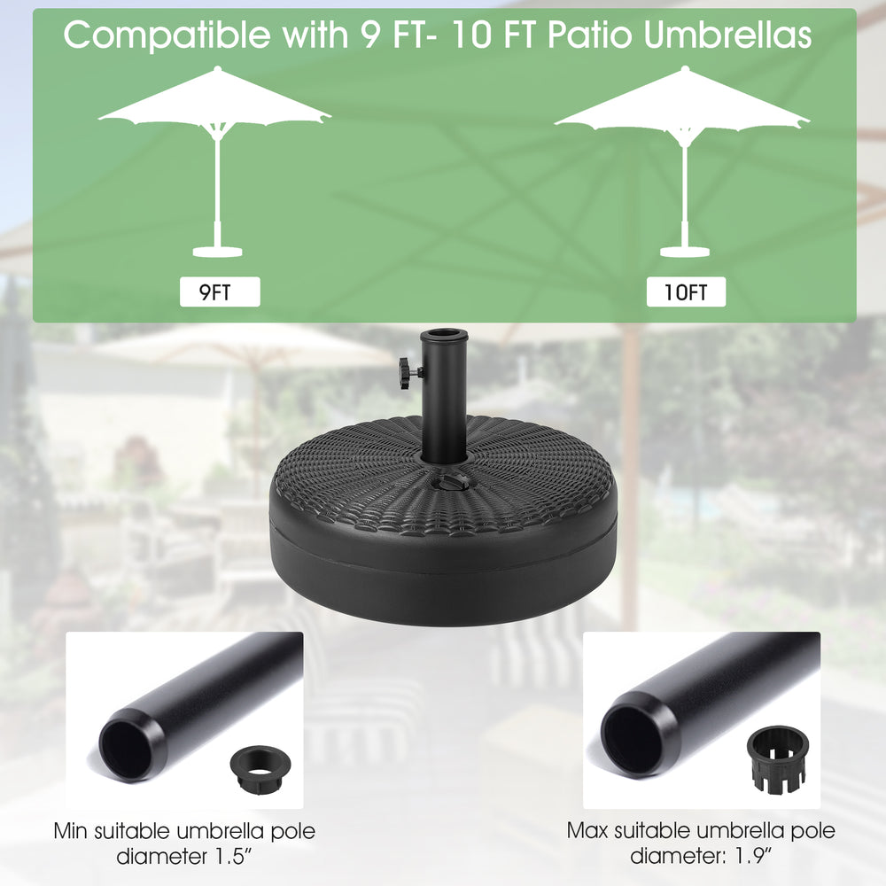 Heavy-duty 18-inch round umbrella base stand, fillable with sand or water, compatible with 1.5"/1.9" poles for patio.