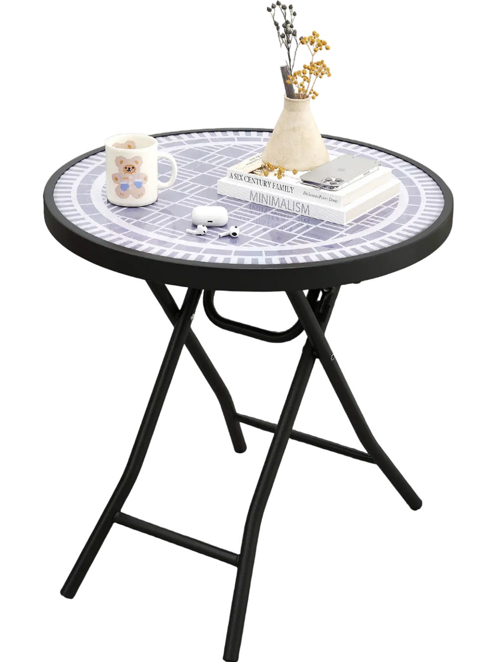 Round 18-inch folding side table in gray with tempered glass top, ideal for indoor or outdoor use.