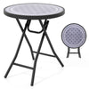 Round gray folding side table with tempered glass top and reinforced metal frame, ideal for indoor and outdoor use.