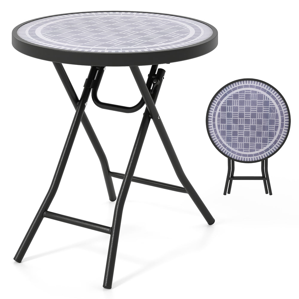 Round gray folding side table with tempered glass top and reinforced metal frame, ideal for indoor and outdoor use.