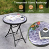Round 18-inch folding side table with gray tempered glass top, ideal for indoor and outdoor use, easy to maintain.
