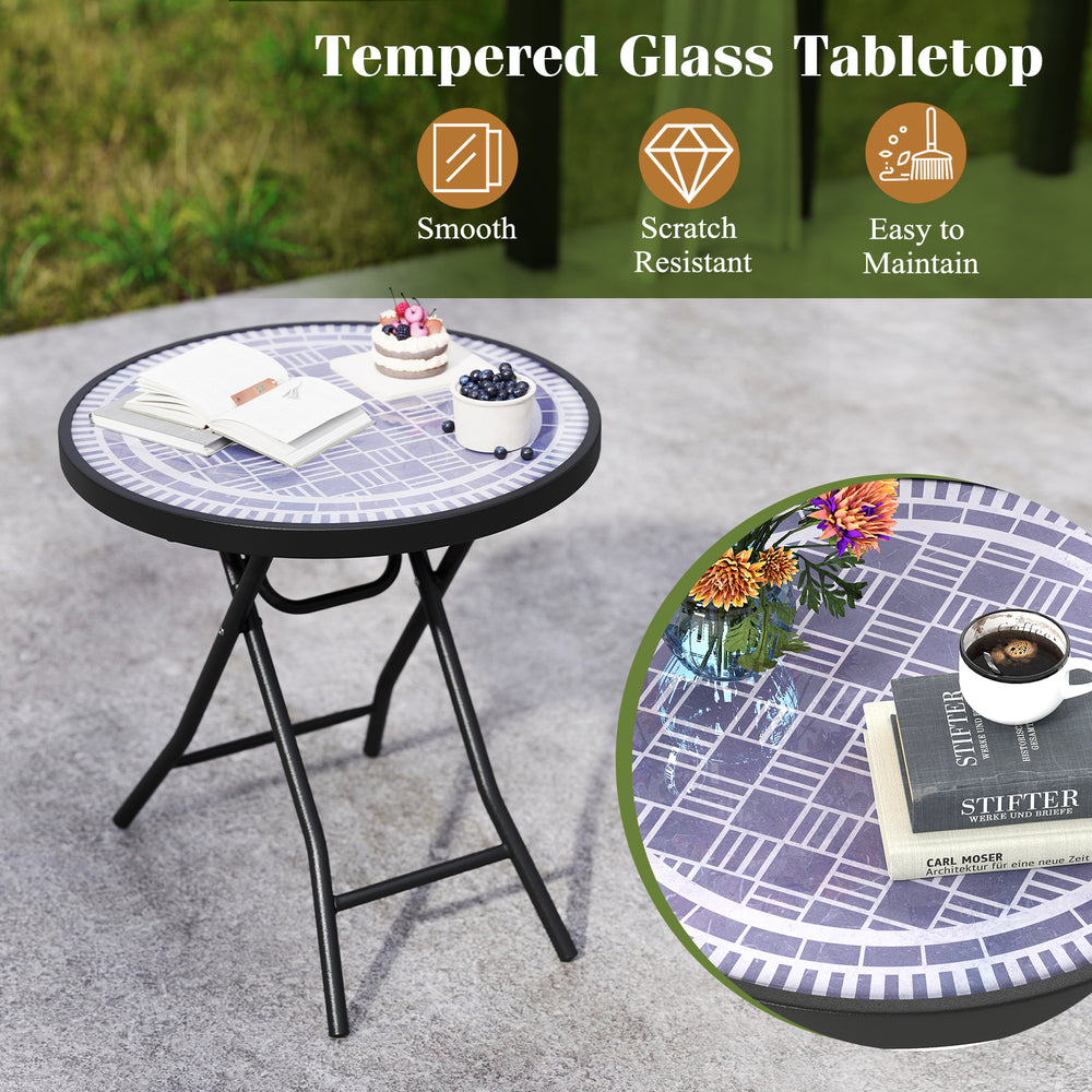 Round 18-inch folding side table with gray tempered glass top, ideal for indoor and outdoor use, easy to maintain.