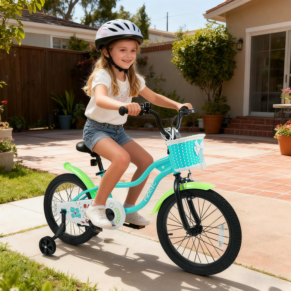 18 Inch Kids Bike with Training Wheels and Basket Green Color - Gallery View 1 of 9