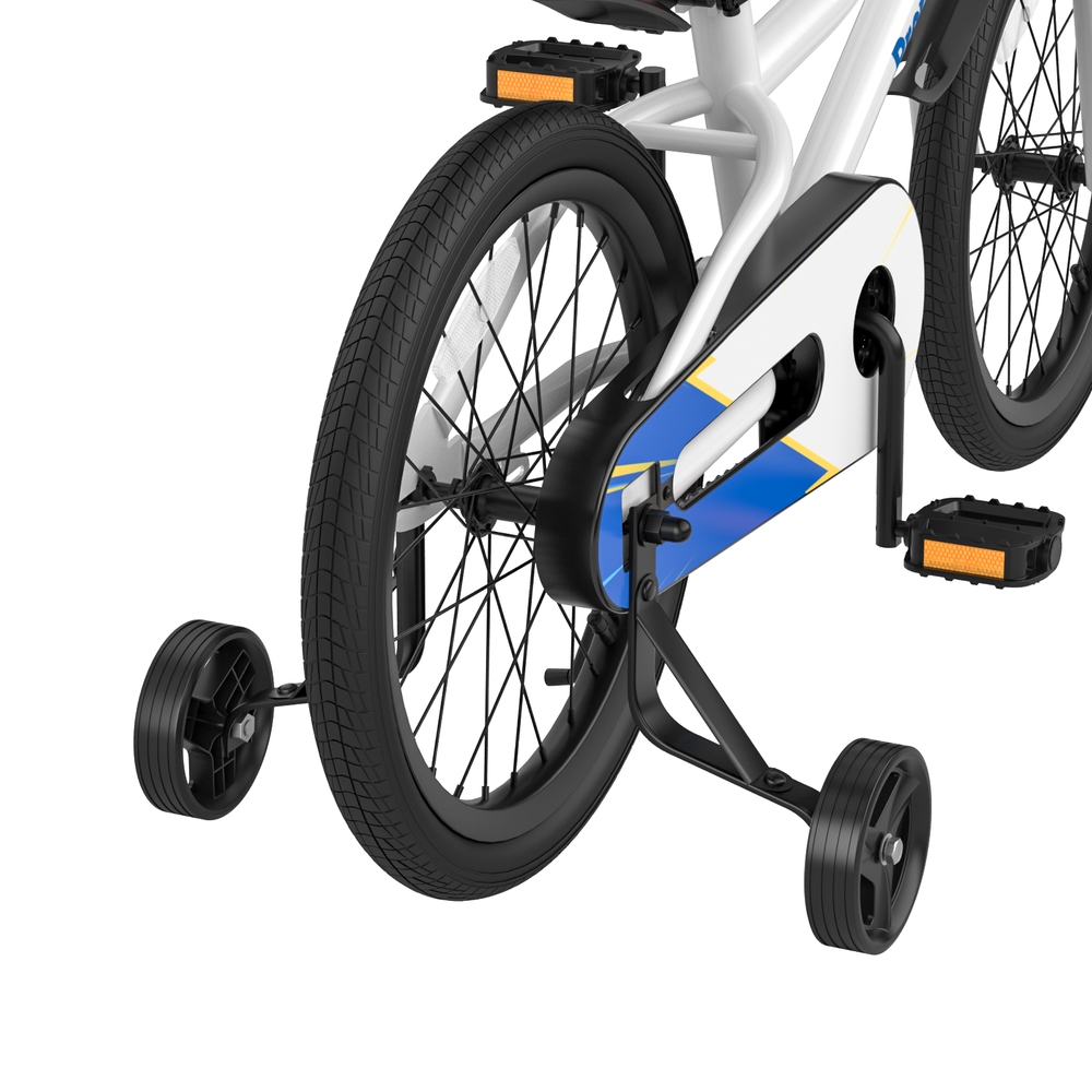 Close-up of the removable training wheels on the 18 Feet Kids Bike, designed for beginners with safety features.