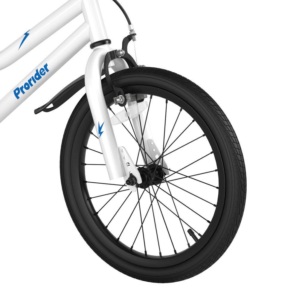 Close-up of the front wheel of the 18 Feet Kids Bike with removable training wheels, featuring wear-resistant pneumatic.