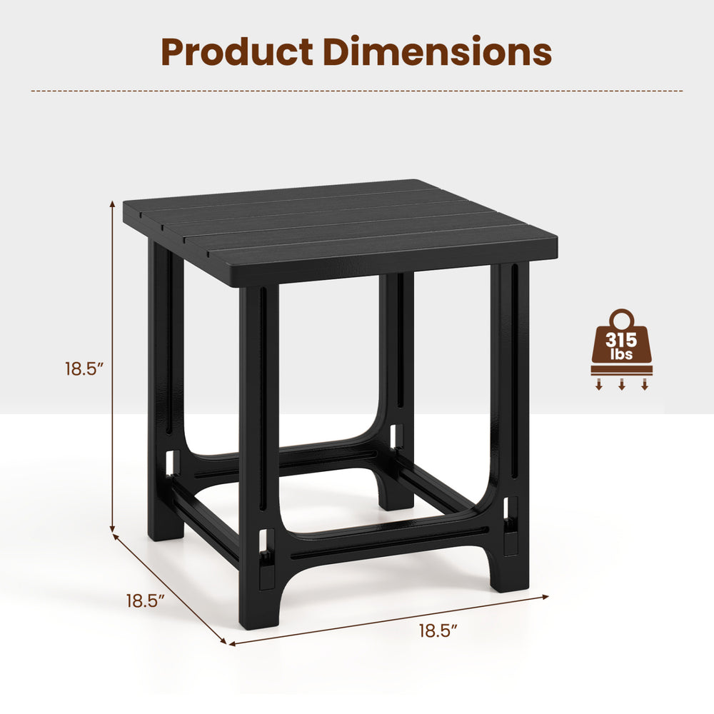Black 18-inch outdoor Adirondack side table features a slatted surface, sturdy frame, and is perfect for poolside use.
