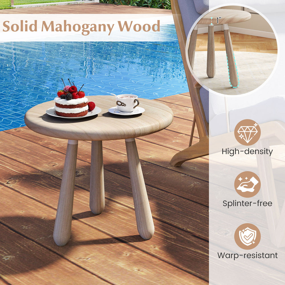 Round 18-inch outdoor side table made of solid mahogany wood, featuring a thickened board for versatile use and easy.
