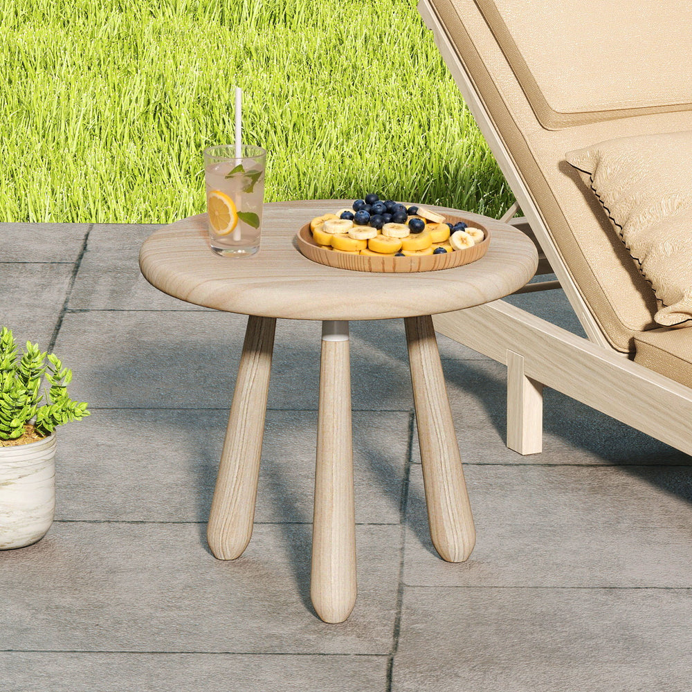 Round 18-inch outdoor side table made of solid mahogany wood, featuring a sleek surface for snacks and drinks.