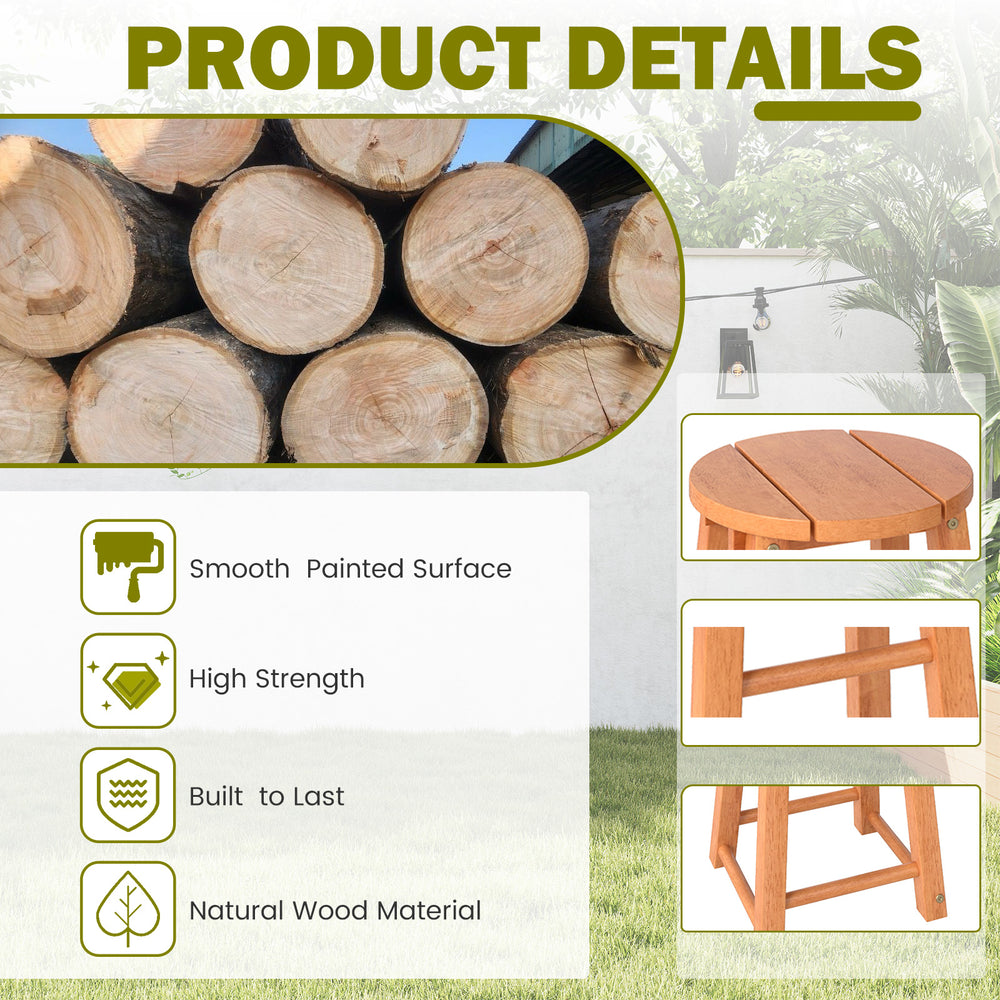 Natural wood bar stools set of 2 with round seat, smooth painted surface, ideal for outdoor patio or garden use.