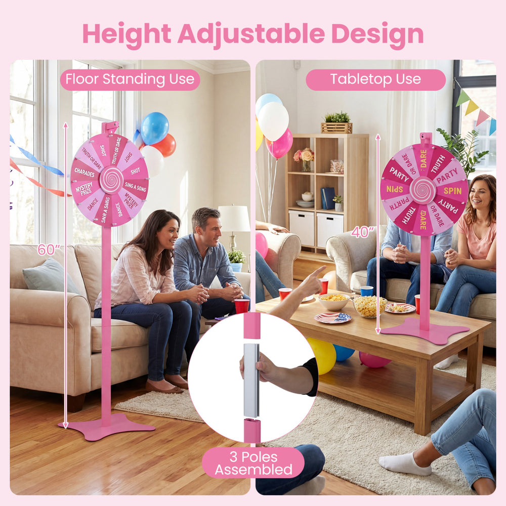 Height adjustable 18-inch prize wheel with blackboard marker, ideal for tabletop or floor standing use at events and.