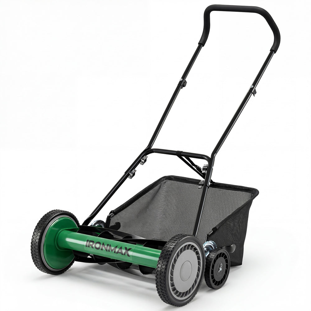 18-inch push reel lawn mower with removable grass catcher, adjustable height settings, and anti-slip wheels for easy.