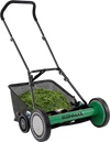 18-inch push reel lawn mower with detachable grass catcher, featuring adjustable height settings for cleaner cuts.