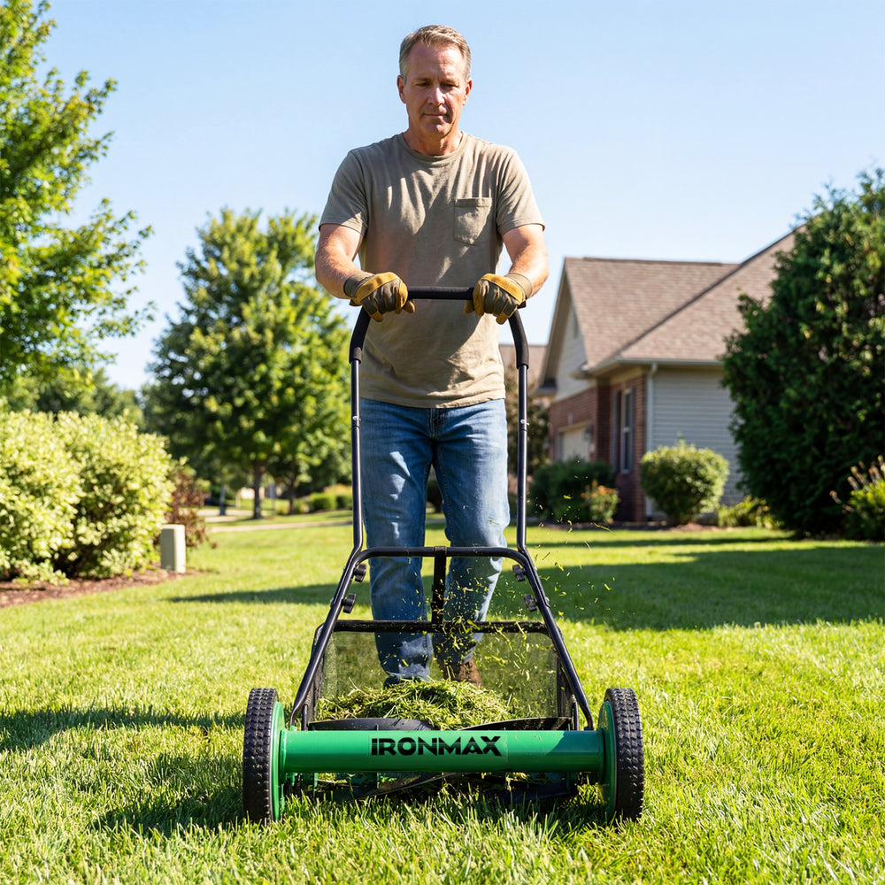 18-inch push reel lawn mower with removable grass catcher, ideal for quiet, low-maintenance yard work and adjustable.