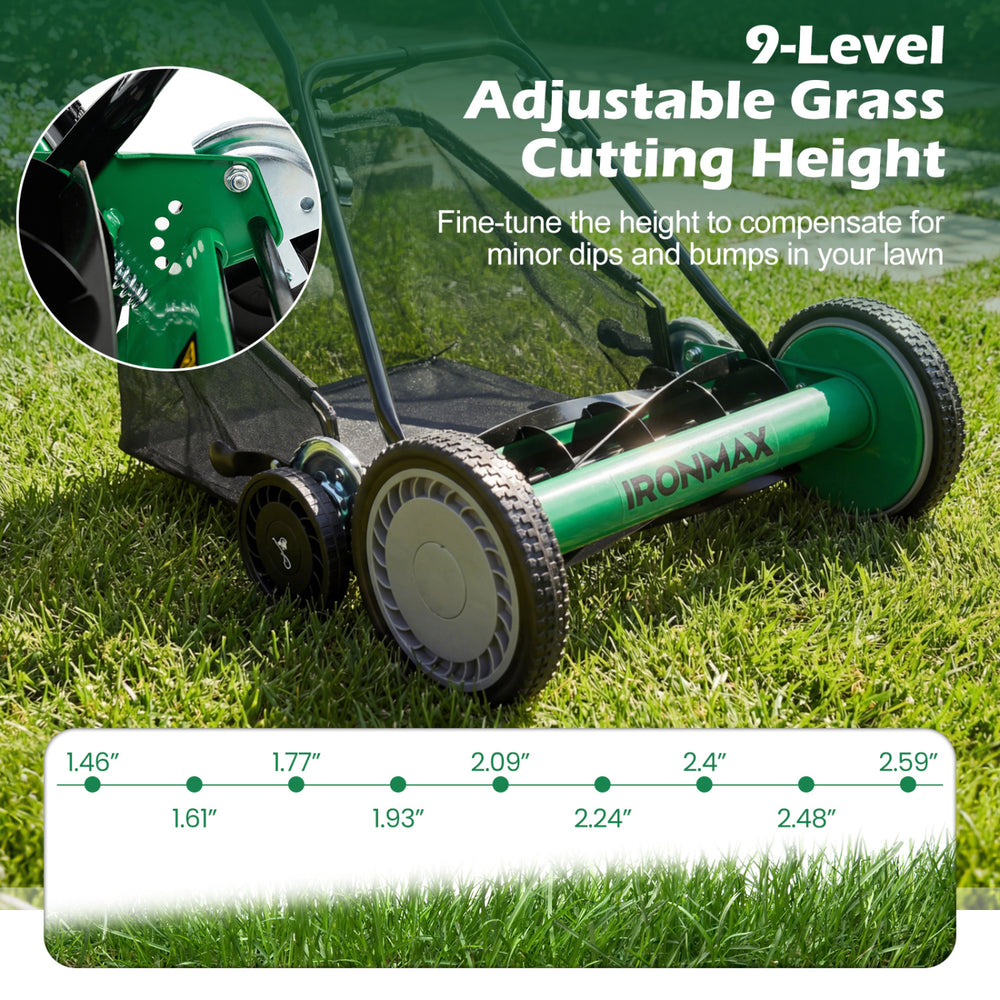 Adjustable grass cutting height feature of the 18-inch push reel lawn mower for precise lawn care and maintenance.