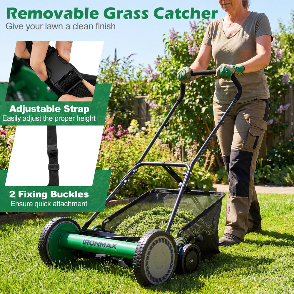 18-inch push reel lawn mower with removable grass catcher, adjustable height settings, and comfortable grip for easy.