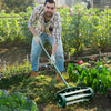 18-inch rolling lawn aerator with protective baffle, designed for easy soil perforation and improved nutrient diffusion.