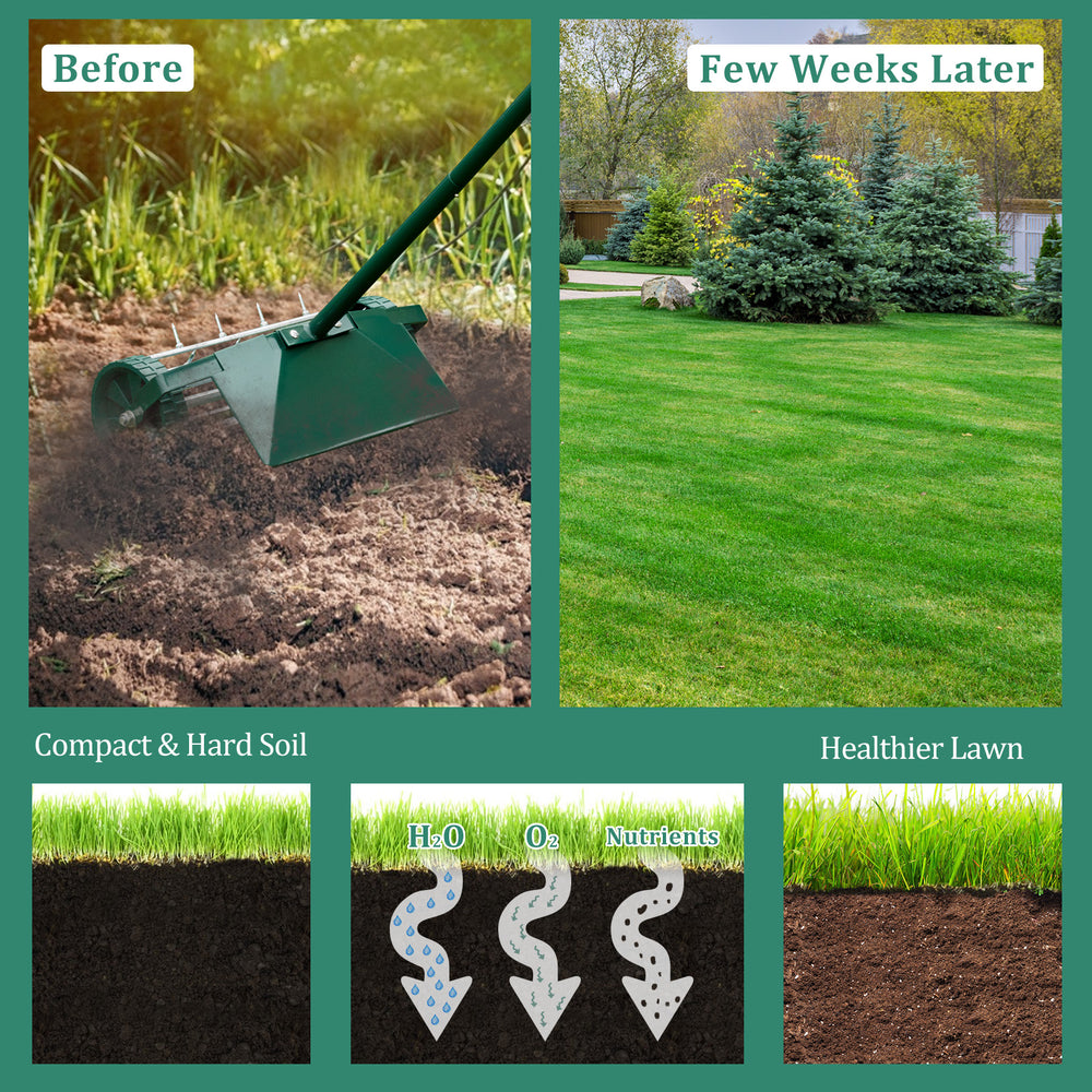 18-inch rolling lawn aerator with protective baffle, designed for compact soil, promoting a healthier lawn.