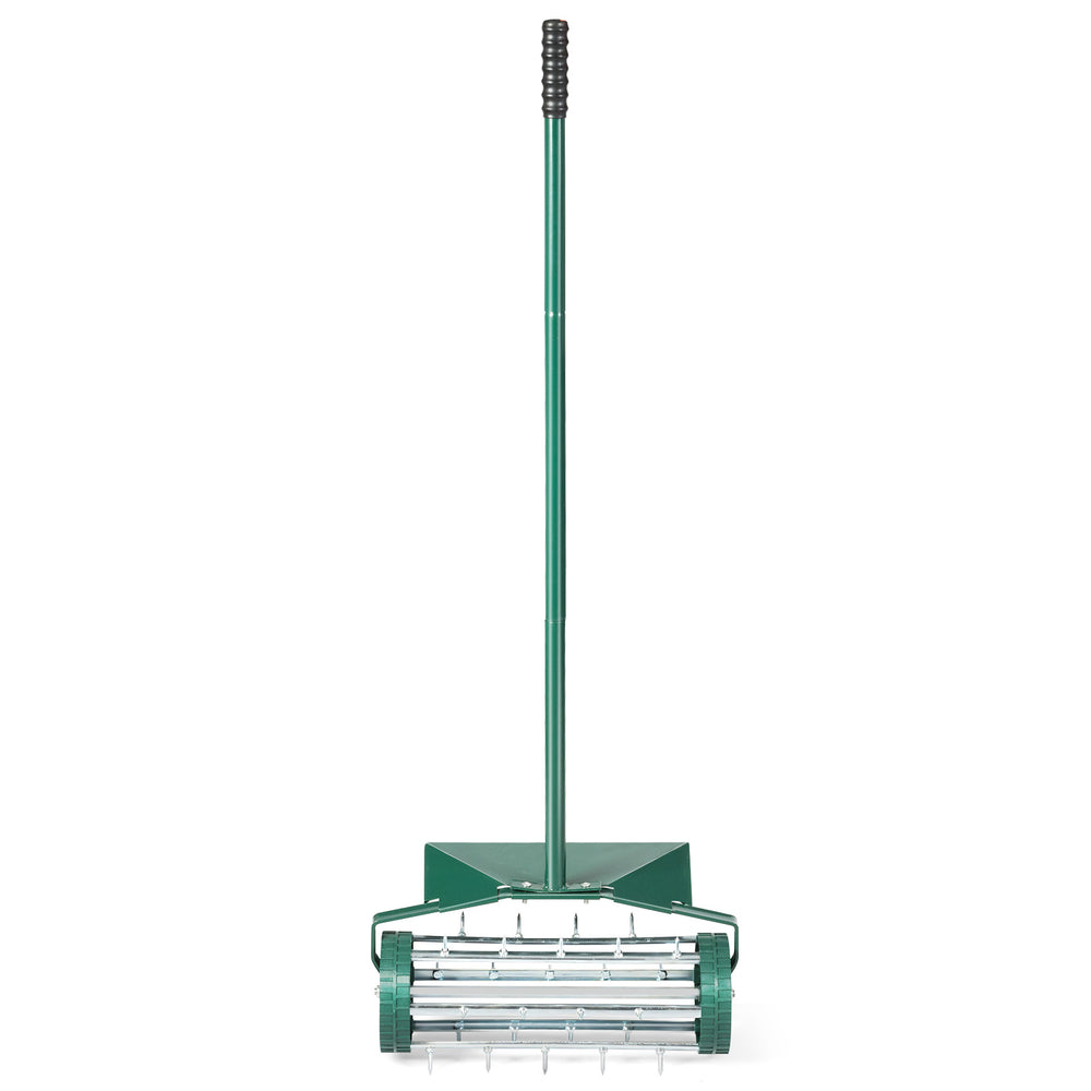 18-inch rolling lawn aerator with protective baffle and rubber handle, designed for easy soil perforation in gardens.
