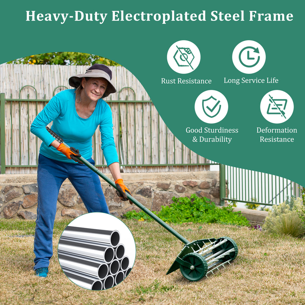 18-inch rolling lawn aerator with heavy-duty steel frame and splash-proof fender, ideal for efficient soil aeration.