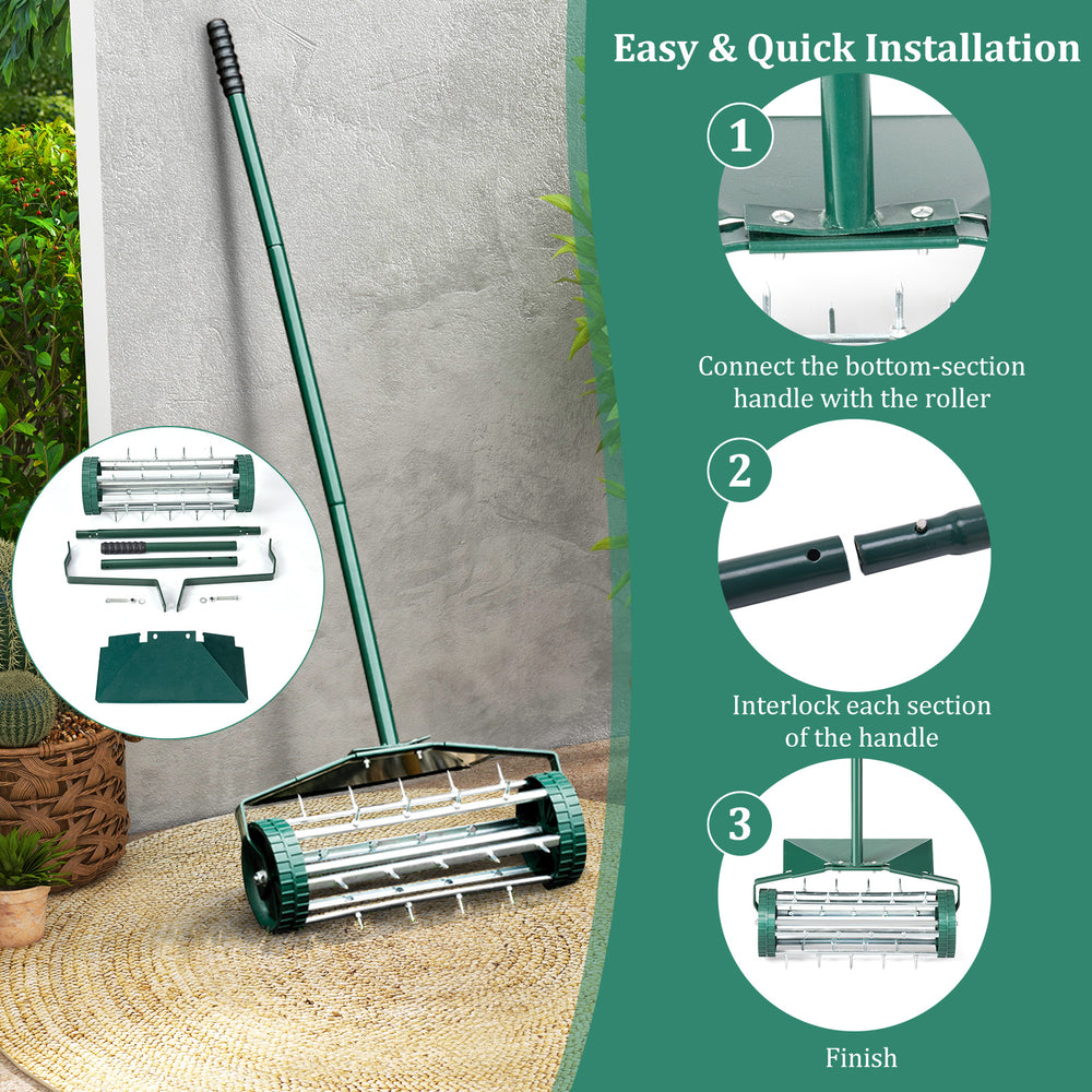 18-inch rolling lawn aerator with protective baffle and rubber handles for easy soil aeration and quick installation.