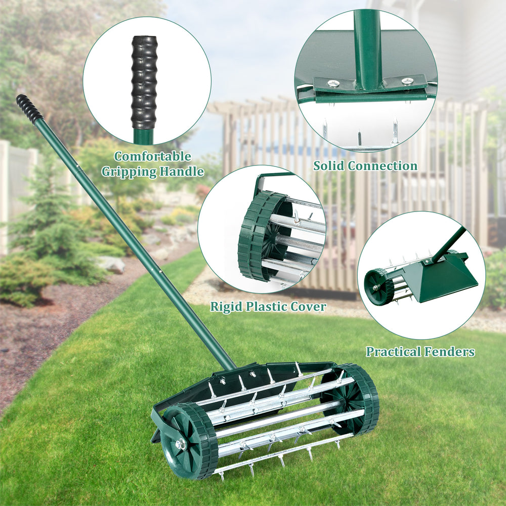 18-inch rolling lawn aerator with splash-proof fender, featuring comfortable handle and strong spike rollers for.