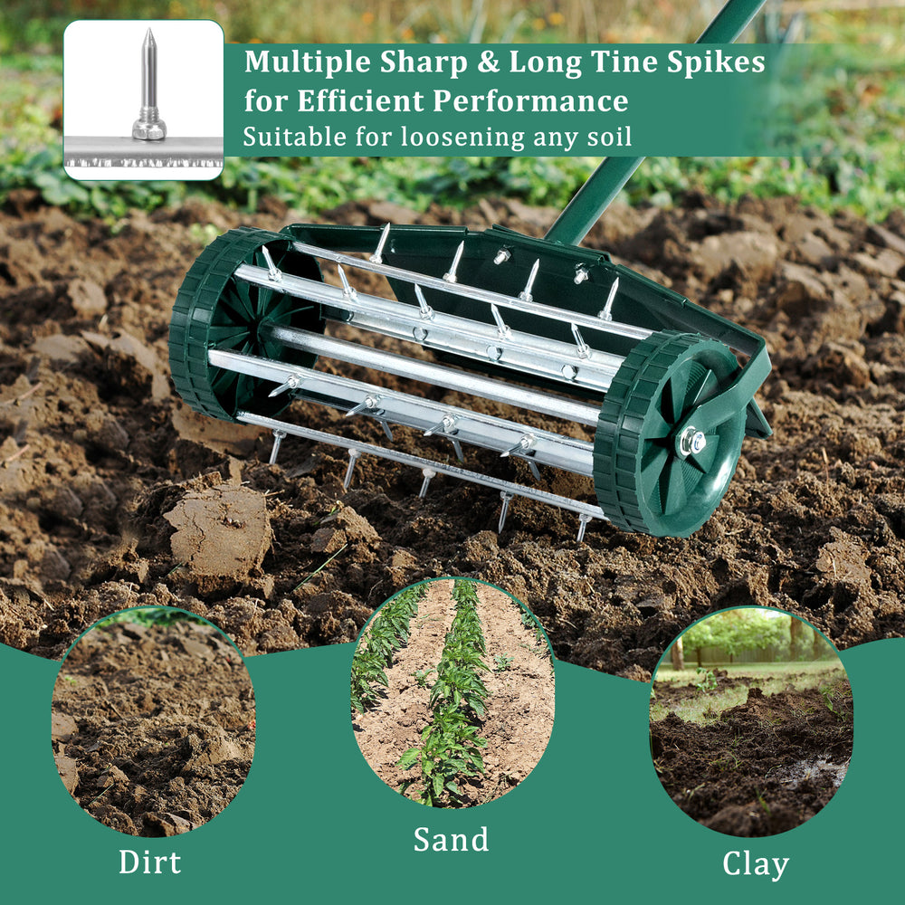 18-inch rolling lawn aerator with sharp spikes, designed for efficient soil loosening in dirt, sand, or clay.