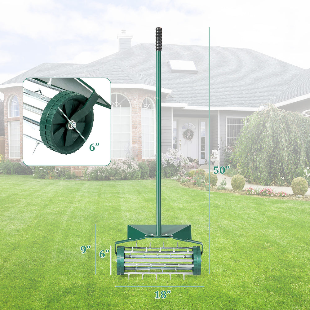 18-inch rolling lawn aerator with 1.2-inch spikes and splash-proof fender, ideal for garden soil aeration.