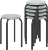 Stackable 18-inch round stools with removable washable covers and heavy-duty metal legs for kitchen or dining room use.