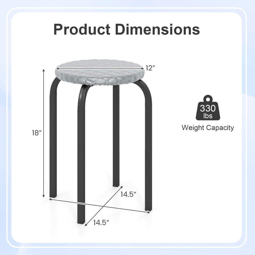Round stackable stool with removable washable cover, 18 inches high, supports 330 lbs, ideal for kitchen or dining use.