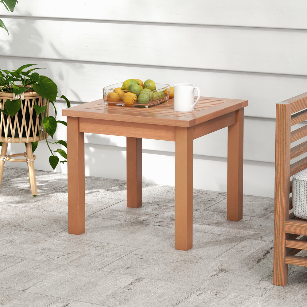 Square end outdoor side table made of natural eucalyptus wood with a slatted tabletop, perfect for indoor and outdoor.
