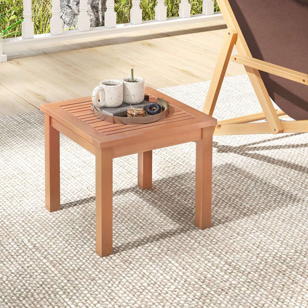 Square end outdoor side table made of natural eucalyptus wood with slatted tabletop, ideal for indoor and outdoor use.