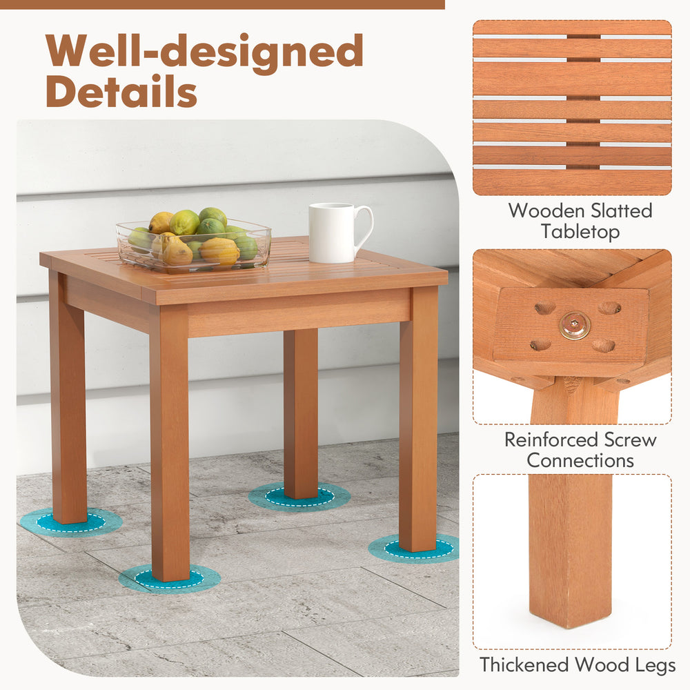18-inch square outdoor Adirondack side table with slatted eucalyptus wood tabletop and reinforced screw connections.