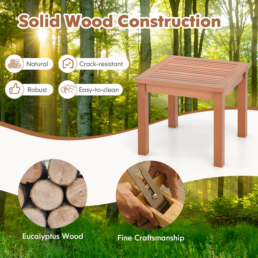 18-inch square outdoor side table made of natural eucalyptus wood with a slatted top, ideal for indoor and outdoor use.