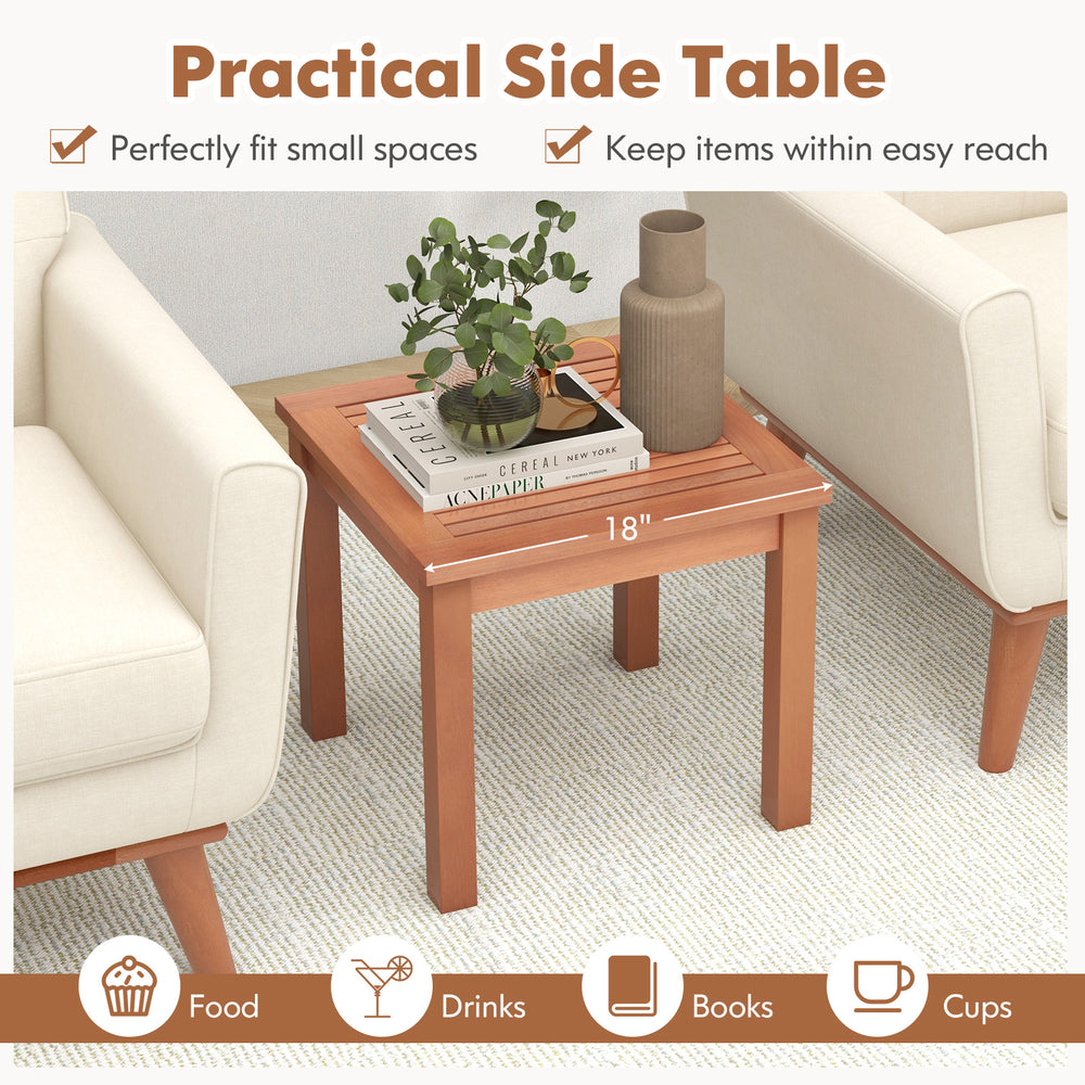 Square 18-inch Adirondack side table made of natural eucalyptus wood, featuring a slatted tabletop for outdoor use.